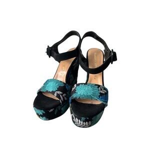 Paolo Mattei Floral Wedge Sandals Black Blue Embroidered Vera Pelle Italy 38